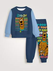 SCOOBY-DOO X SHEIN Young Boy Colorblock Patchwork Cartoon Letter Print Sweatshirt And Sweatpants Set - White - View 7