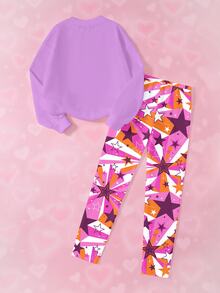 THE POWERPUFF GIRLS X SHEIN Bộ áo nỉ và quần legging in hoạt hình cho bé gái tuổi teen - trắng - Xem 2