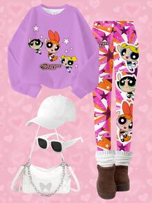 THE POWERPUFF GIRLS X SHEIN Bộ áo nỉ và quần legging in hoạt hình cho bé gái tuổi teen - trắng - Xem 3
