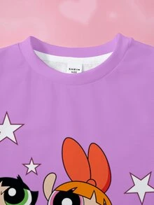 THE POWERPUFF GIRLS X SHEIN Bộ áo nỉ và quần legging in hoạt hình cho bé gái tuổi teen - trắng - Xem 4