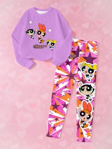 THE POWERPUFF GIRLS X SHEIN Bộ áo nỉ và quần legging in hoạt hình cho bé gái tuổi teen - trắng - Xem 1