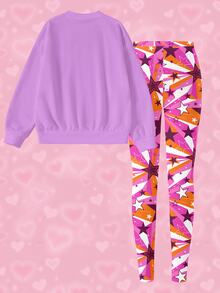 THE POWERPUFF GIRLS X SHEIN Bộ áo nỉ và quần legging in hoạt hình cho bé gái tuổi teen - trắng - Xem 8
