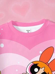 THE POWERPUFF GIRLS X SHEIN بلوزة رياضية كاجوال يومية بأكمام طويلة بنمط كرتوني وحروف للبنات المراهقات - أبيض - مشاهدة 3