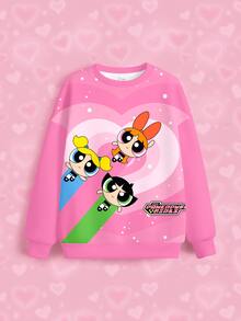 THE POWERPUFF GIRLS X SHEIN بلوزة رياضية كاجوال يومية بأكمام طويلة بنمط كرتوني وحروف للبنات المراهقات - أبيض - مشاهدة 6