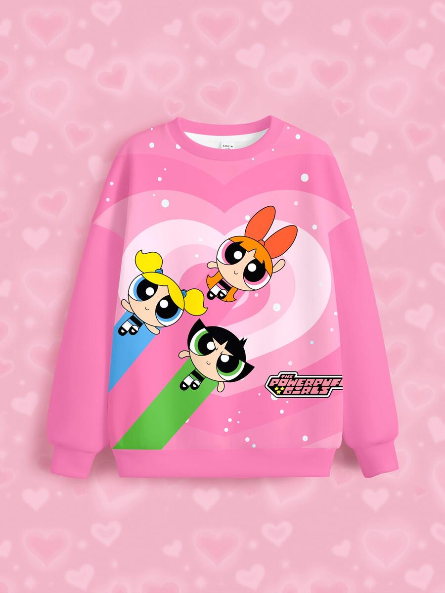 THE POWERPUFF GIRLS X SHEIN Tween Girl Letter Cartoon Pattern Casual Daily Long Sleeve Sweatshirt - White - View 1