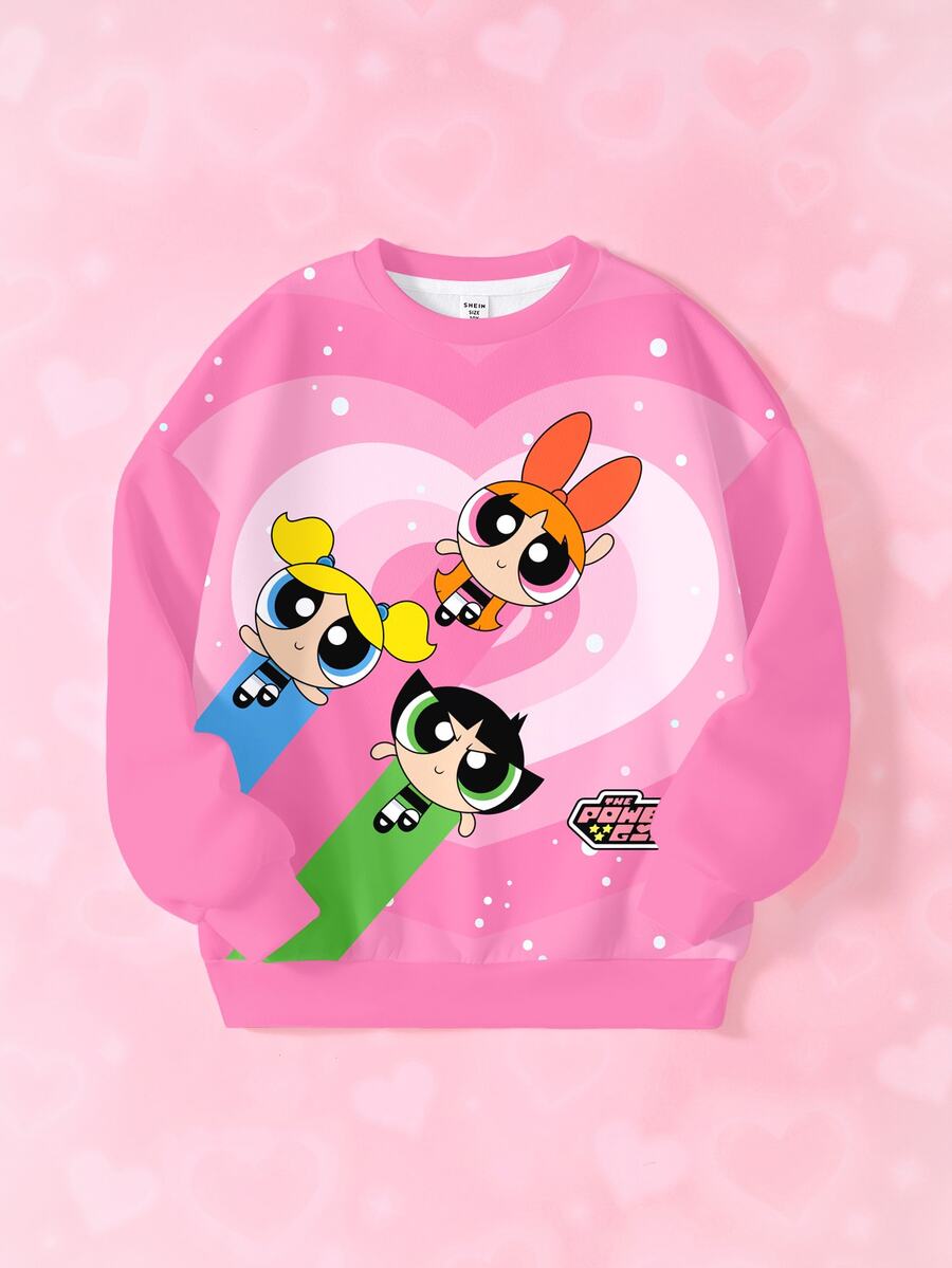 THE POWERPUFF GIRLS X SHEIN بلوزة رياضية كاجوال يومية بأكمام طويلة بنمط كرتوني وحروف للبنات المراهقات - أبيض - مشاهدة 1