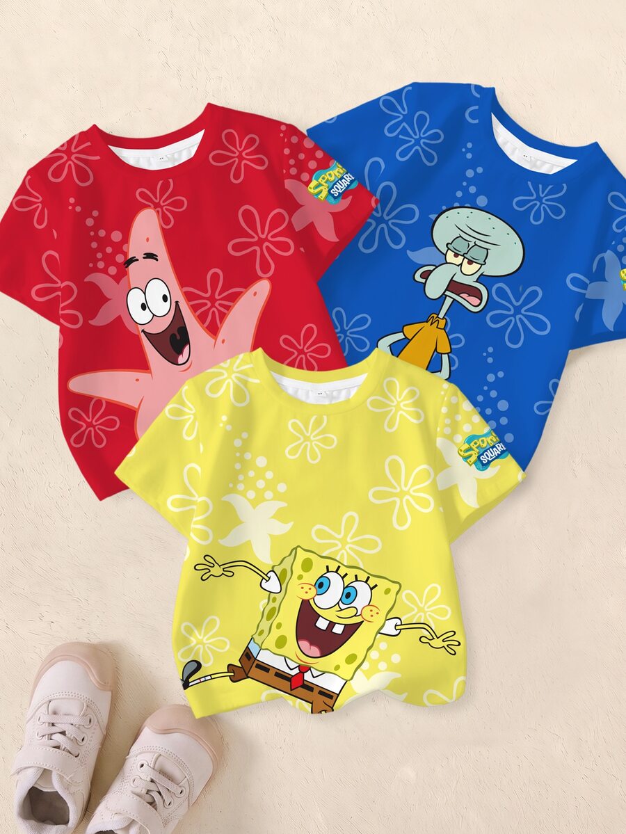 SpongeBob SquarePants | SHEIN 3PCS Young Boys T-Shirts - Multicolor - View 1