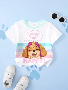 SHEIN | PAW Patrol 女童條紋卡通印花短袖休閒T恤 - 白色 - 查看 1