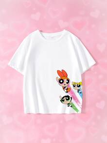 THE POWERPUFF GIRLS X SHEIN تي شيرت كاجوال متعدد الاستخدامات برقبة دائرية وأكمام قصيرة للفتيات المراهقات - أبيض - مشاهدة 2