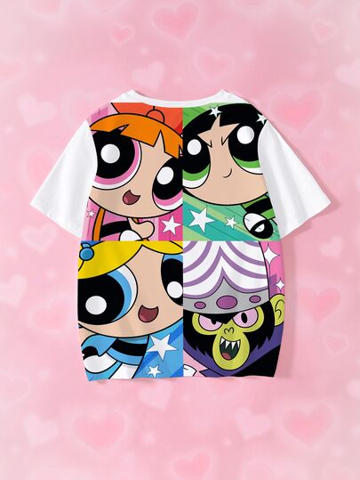 THE POWERPUFF GIRLS X SHEIN تي شيرت كاجوال متعدد الاستخدامات برقبة دائرية وأكمام قصيرة للفتيات المراهقات