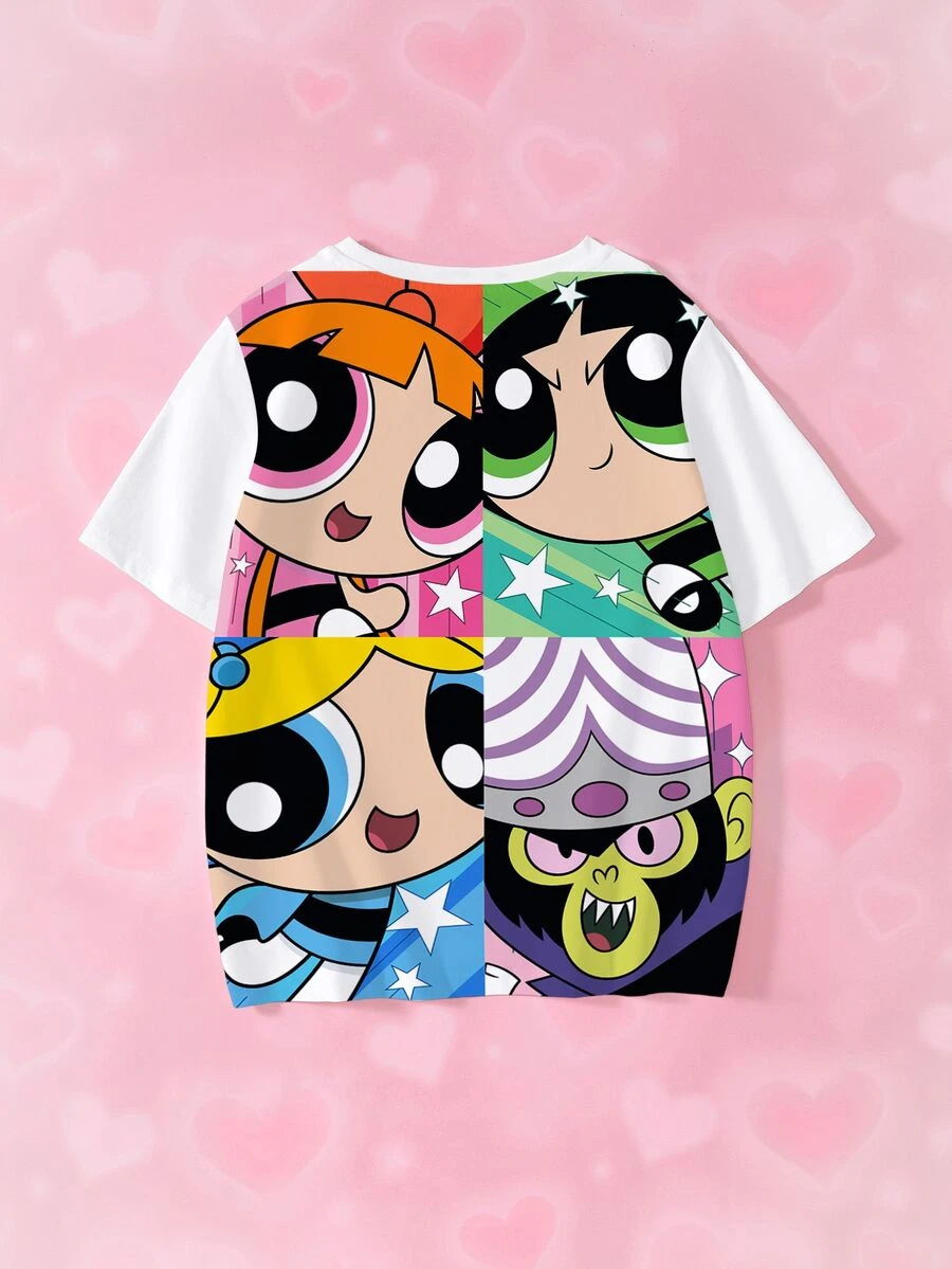 THE POWERPUFF GIRLS X SHEIN تي شيرت كاجوال متعدد الاستخدامات برقبة دائرية وأكمام قصيرة للفتيات المراهقات - أبيض - مشاهدة 1