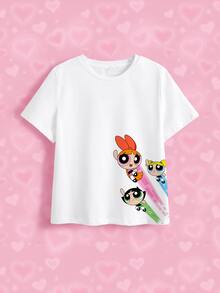 THE POWERPUFF GIRLS X SHEIN تي شيرت كاجوال متعدد الاستخدامات برقبة دائرية وأكمام قصيرة للفتيات المراهقات - أبيض - مشاهدة 7