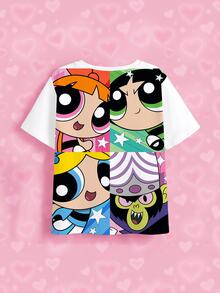 THE POWERPUFF GIRLS X SHEIN تي شيرت كاجوال متعدد الاستخدامات برقبة دائرية وأكمام قصيرة للفتيات المراهقات - أبيض - مشاهدة 8
