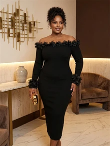 Slaydiva Plus Size Vintage Sexy Lace Trim Back Slit Knit Sweater Dress, Elegant Party Going Out Midi Dress For Winter - Black - View 2