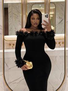 Slaydiva Plus Size Vintage Sexy Lace Trim Back Slit Knit Sweater Dress, Elegant Party Going Out Midi Dress For Winter - Black - View 12