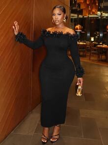 Slaydiva Plus Size Vintage Sexy Lace Trim Back Slit Knit Sweater Dress, Elegant Party Going Out Midi Dress For Winter - Black - View 4