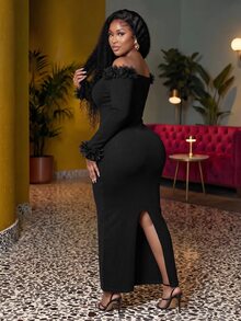 Slaydiva Plus Size Vintage Sexy Lace Trim Back Slit Knit Sweater Dress, Elegant Party Going Out Midi Dress For Winter - Black - View 3