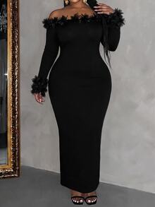 Slaydiva Plus Size Vintage Sexy Lace Trim Back Slit Knit Sweater Dress, Elegant Party Going Out Midi Dress For Winter - Black - View 10