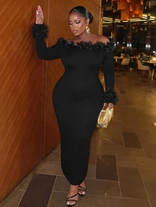 Slaydiva Plus Size Vintage Sexy Lace Trim Back Slit Knit Sweater Dress, Elegant Party Going Out Midi Dress For Winter - Black - View 11