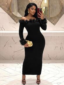 Slaydiva Plus Size Vintage Sexy Lace Trim Back Slit Knit Sweater Dress, Elegant Party Going Out Midi Dress For Winter - Black - View 5