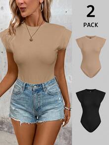 SHEIN LUNE 2pcs/Set Solid Color Casual Fitted Bodysuit For Women, Comfortable For Summer Suitable For Going Out,Casual - Multicolor - View 2