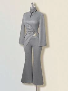 SHEIN ICON 2pcs/Set Asymmetrical Hem Turtleneck Top And Flare Pants - Grey - View 5