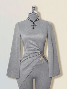 SHEIN ICON 2pcs/Set Asymmetrical Hem Turtleneck Top And Flare Pants - Grey - View 4
