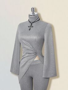 SHEIN ICON 2pcs/Set Asymmetrical Hem Turtleneck Top And Flare Pants - Grey - View 6