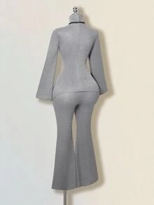 SHEIN ICON 2pcs/Set Asymmetrical Hem Turtleneck Top And Flare Pants - Grey - View 8