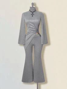 SHEIN ICON 2pcs/Set Asymmetrical Hem Turtleneck Top And Flare Pants - Grey - View 3