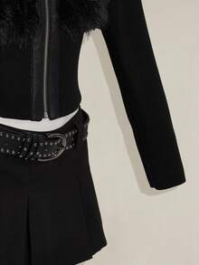 SHEIN ICON Women's Solid Color Front Zipper Long Sleeve High Waist Splicing Faux Fur Jacket - Black - View 7
