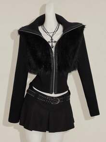 SHEIN ICON Women's Solid Color Front Zipper Long Sleeve High Waist Splicing Faux Fur Jacket - Black - View 3