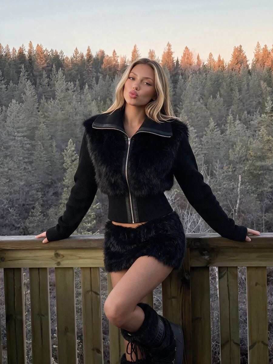 SHEIN ICON Women's Solid Color Front Zipper Long Sleeve High Waist Splicing Faux Fur Jacket - Black - View 1