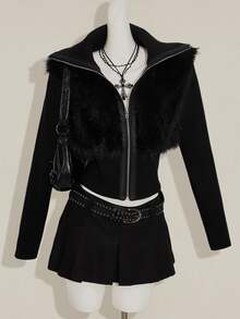 SHEIN ICON Women's Solid Color Front Zipper Long Sleeve High Waist Splicing Faux Fur Jacket - Black - View 6