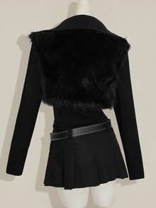 SHEIN ICON Women's Solid Color Front Zipper Long Sleeve High Waist Splicing Faux Fur Jacket - Black - View 2