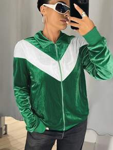 SHEIN ICON Women's Going Out Green Back To School Preppy Casual Colorblocked Patchwork Jacket, Spring/Autumn - Green - View 5