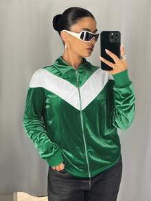 SHEIN ICON Women's Going Out Green Back To School Preppy Casual Colorblocked Patchwork Jacket, Spring/Autumn - Green - View 4