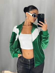 SHEIN ICON Women's Going Out Green Back To School Preppy Casual Colorblocked Patchwork Jacket, Spring/Autumn - Green - View 7