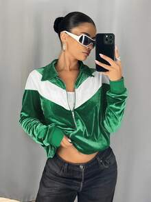 SHEIN ICON Women's Going Out Green Back To School Preppy Casual Colorblocked Patchwork Jacket, Spring/Autumn - Green - View 6