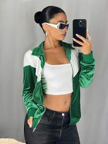 SHEIN ICON Women's Going Out Green Back To School Preppy Casual Colorblocked Patchwork Jacket, Spring/Autumn - Green - View 2