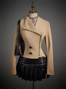 SHEIN ICON 女款雙層領修身拉鍊夾克 秋冬款 - 卡其色 - 查看 3