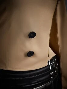 SHEIN ICON 女款雙層領修身拉鍊夾克 秋冬款 - 卡其色 - 查看 7