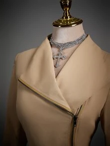 SHEIN ICON 女款雙層領修身拉鍊夾克 秋冬款 - 卡其色 - 查看 4