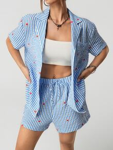 SHEIN ICON 2pcs Women Blue Striped Heart Print Two Pieces Outfits For Daily Wear - Blue - View 6