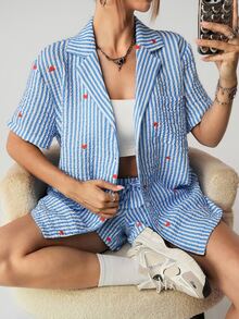 SHEIN ICON 2pcs Women Blue Striped Heart Print Two Pieces Outfits For Daily Wear - Blue - View 3