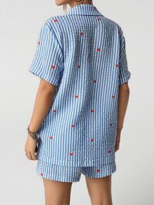 SHEIN ICON 2pcs Women Blue Striped Heart Print Two Pieces Outfits For Daily Wear - Blue - View 2
