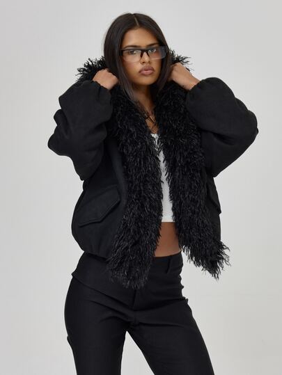 MUSERA Black Faux Fur Hooded Jacket Fall Autumn Winter Coolgirl Back To School Blancs