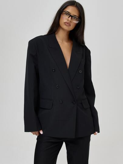 MUSERA Black Tailored Woven Fabric Dual Pockets Structured Shoulder Relaxed Fit Jacket Smart Workwear Office Everyday Essentials