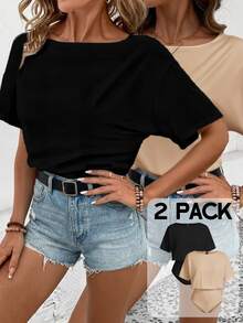 SHEIN LUNE 2pcs Set Casual Minimalist Solid Color Versatile Short Sleeve Bodysuit, Suitable For Spring & Summer Suitable For Going Out,Casual - Multicolor - View 2