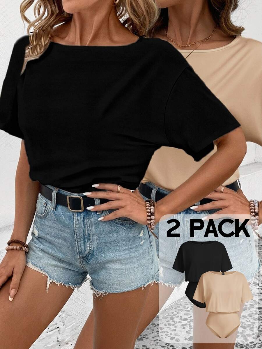 SHEIN LUNE 2pcs Set Casual Minimalist Solid Color Versatile Short Sleeve Bodysuit, Suitable For Spring & Summer Suitable For Going Out,Casual